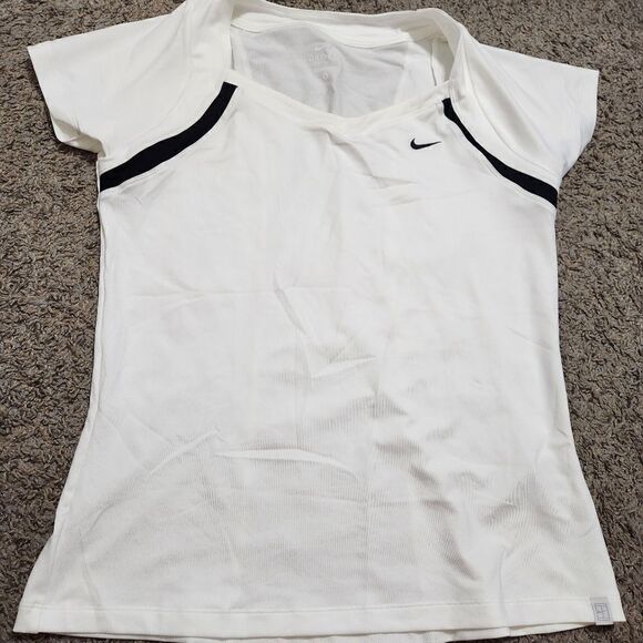 Nike Womens Shirt Dri Fit large White Tee Short Sleeve Swoosh Workout Gym Ladies - Picture 1 of 10